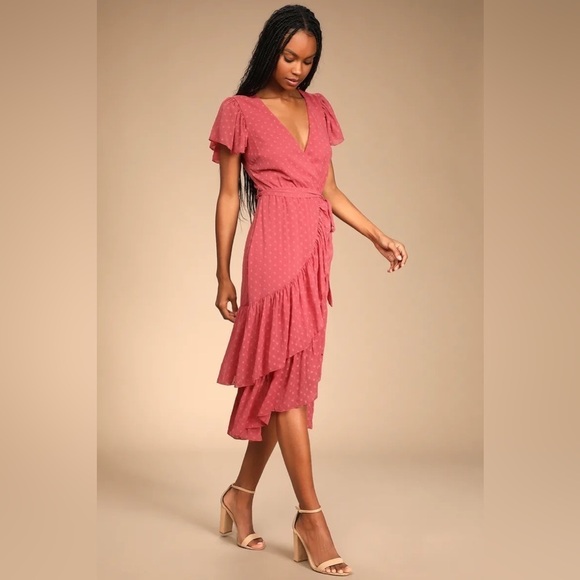 Lulus Have Harmony Swiss Dot Ruffled Faux Wrap Midi Dress in Mauve Size Medium - Picture 2 of 12